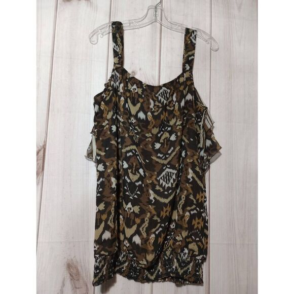 Ruffled Sleeveless Top Brown Aztec Print Blouse Sleeveless Casual Tank - Picture 2 of 7